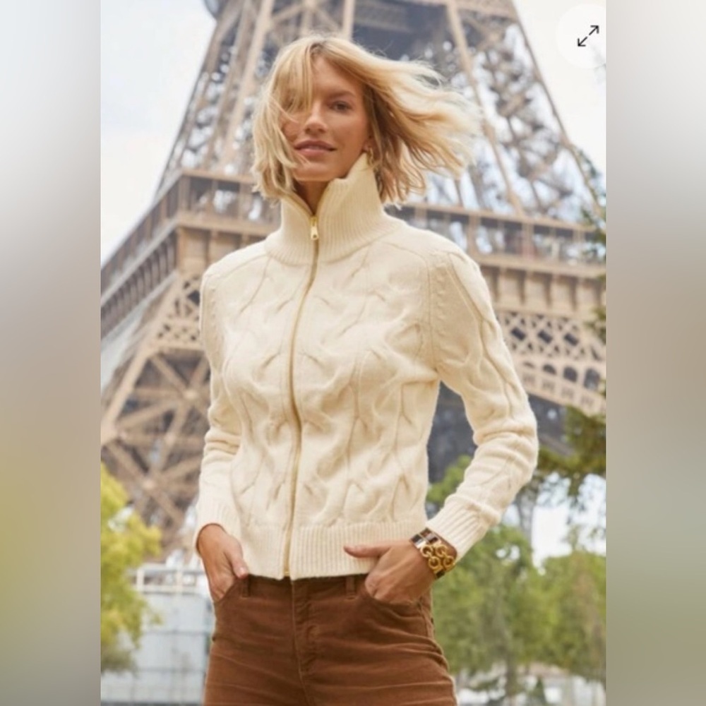 Talbots Sweater Cream Cable Knit Turtleneck Full Zip Cardigan Size XL
